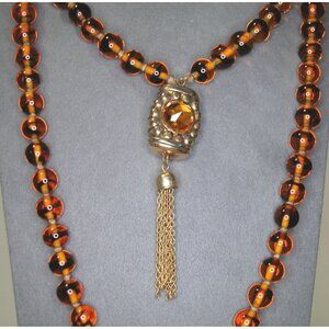 Vintage Amber Glass Bead Necklace Brass Filigree Pendant  48"